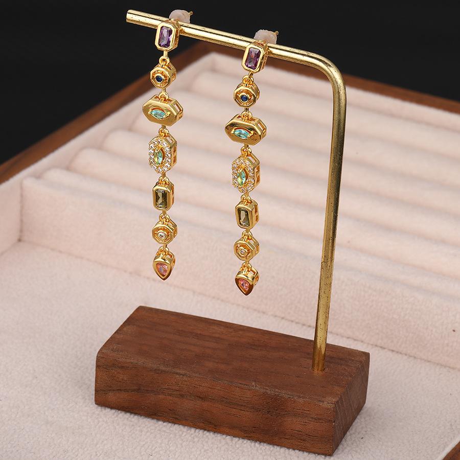 Luxury 18K Gold Plated Copper Zircon Geometric Bohemian Party Tassel Pendant Drop Earrings for Women