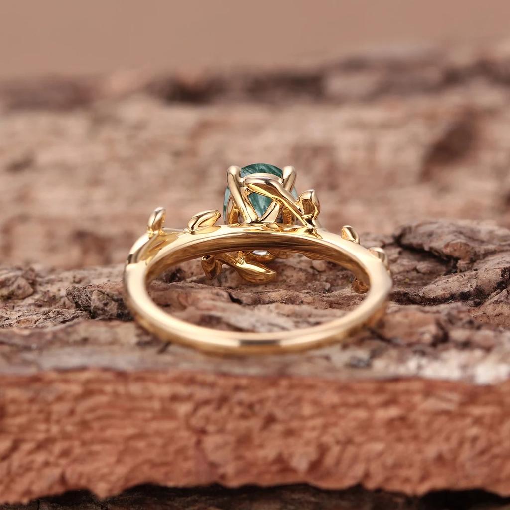 Real 925 Silver Cocktail Oval Shaped Moss Agate Rings Leaf Branch Ring For Woman Wedding Gifts High Quantity Jewelry