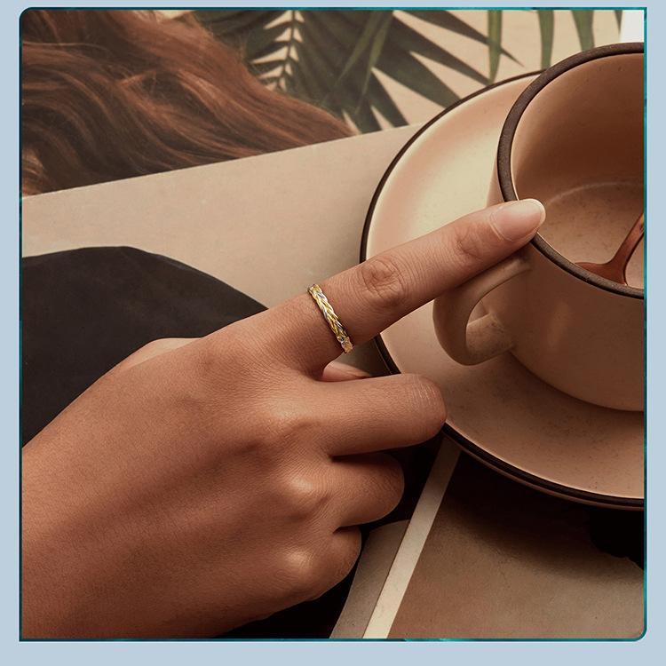 Two-Color Woven Earrings Ring S925 Sterling Silver Set, Light Luxury Color Separation Electroplated Jewelry