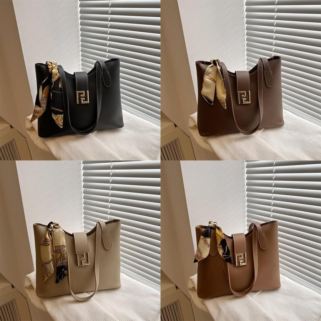 Capacity Large Simple Shoulder Bag With Solid Color Design And Decoration Scarf