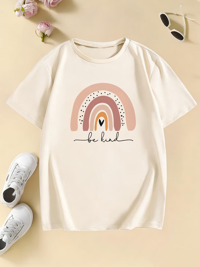 Interesting Rainbow Cartoon Print T-Shirt Children’s Summer and Spring Casual Top Short Sleeve
