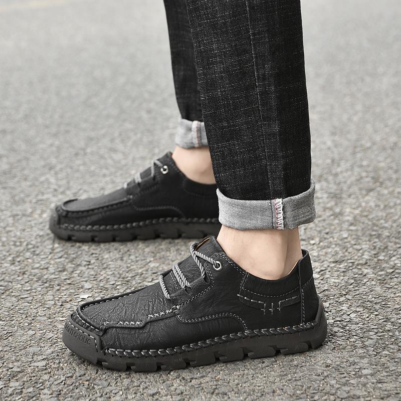 Genuine Leather Lace Up Men Casual Flat Shoes Comfortable Non-slip Lightweight Daily Walking Driving Shoes for All Seasons