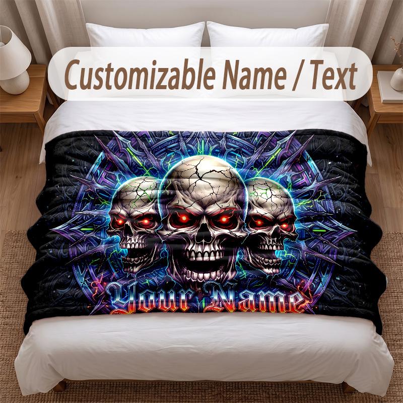 Skull Gothic Theme Soft Blanket Personalized Custom Name Text Print Warm Blanket Home Sofa Bedroom Decor