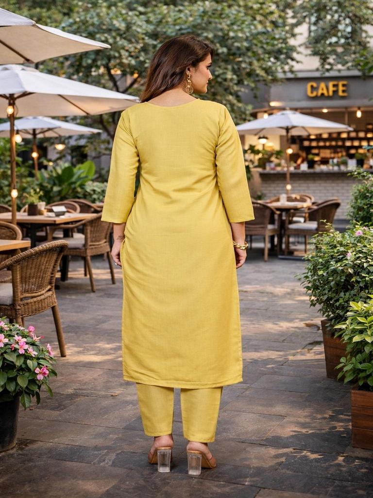 Women Yellow Roman Silk Kurta Pant Set | Embroidered 2 Piece Indian Outfit