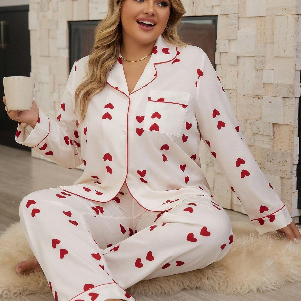 

2026 Spring Plus Size Women Pajama Set Love Print Long Sleeve Top & Pants Female 2 Pieces Sleepwear Fall Nightwear Homwear Cloth XL