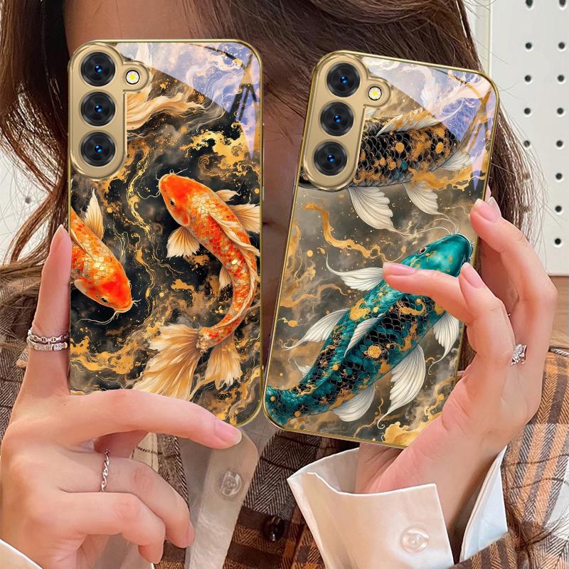 Lucky Orange Golden Koi For Samsung Galaxy S26 S20 FE S21 S22 S23 Plus S24 Ultra 25Ultra S21+ S9 S22 S8 Golden Glass Phone Case