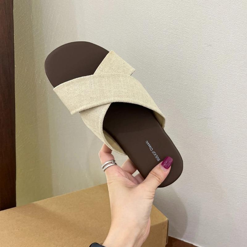 Cross-strapped linen slippers women's outerwear summer new retro casual sandals vacation seaside beach flat sandals