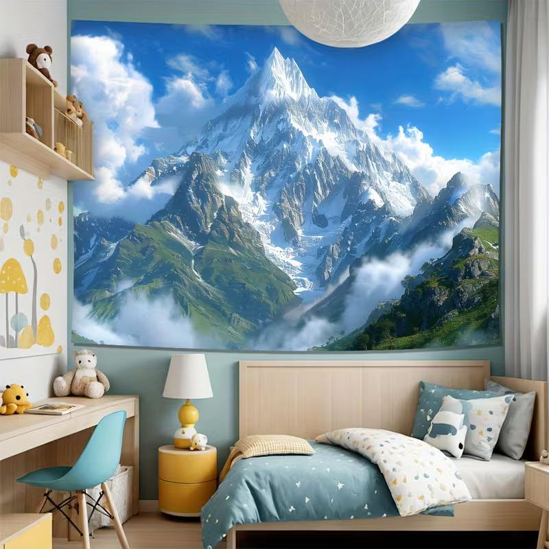 2D Alpine Mountain Tapestry, Majestic Snow Peak & Clouds Wall Art for Home Decor