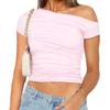 High Elasticity Fabric Solid Color Slash Shoulder Short Sleeve Shrinkage Pleated Navel Reveal Top Ladies Casual Tops