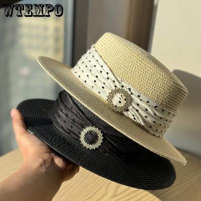 New French Seaside Straw Hat Women's Summer Flat-top Sun Hat Sun Protection Beach Hat UV Protection Top Hat