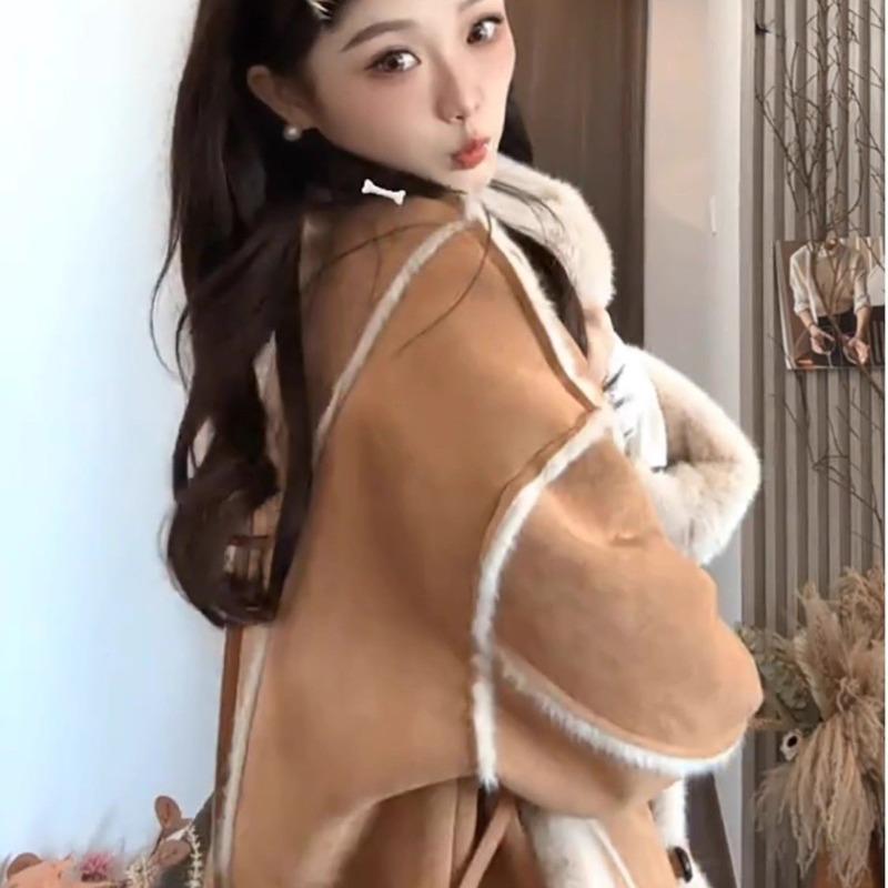 

Женская короткая куртка из меха с лацканами, новая осенне-зимняя свободная одежда в стиле локомотив, утолщенный меховой топ XL recommends 125-70 kg хаки