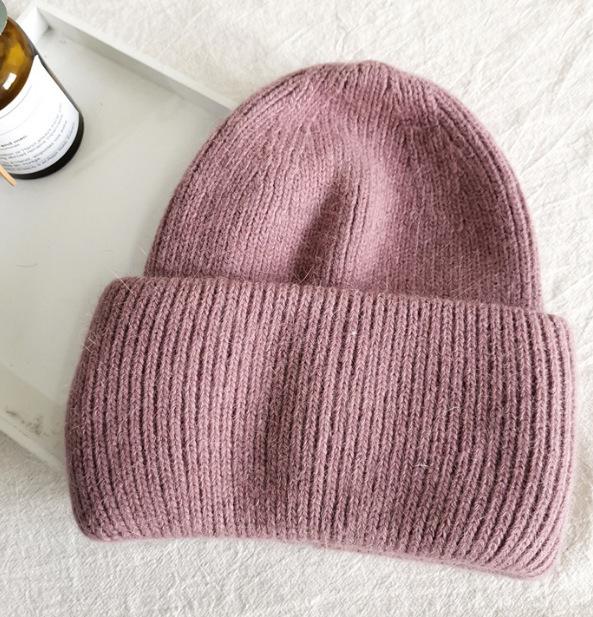 Chapéu longo de malha de pele de coelho feminino outono inverno chapéu de lã elegante chapéu grosso pulôver