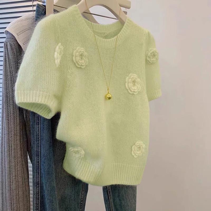 

Синяя вязаная футболка с милыми рукавами-пузырями для женщин, короткий топ, нежный стиль, короткий рукав 3XL зелёный