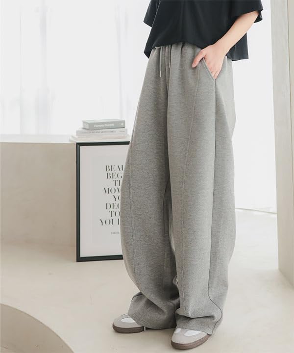 Kobe Lettuce Curved Elastic Loose Size Extra Petite Gray Women's Wide-leg Sweatpants, Loungewear, Stylish, Waist, Fit, M4050,