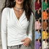 Top Casual da Donna Autunnale con Scollo a V Incrociato, Maniche Lunghe e Pieghe