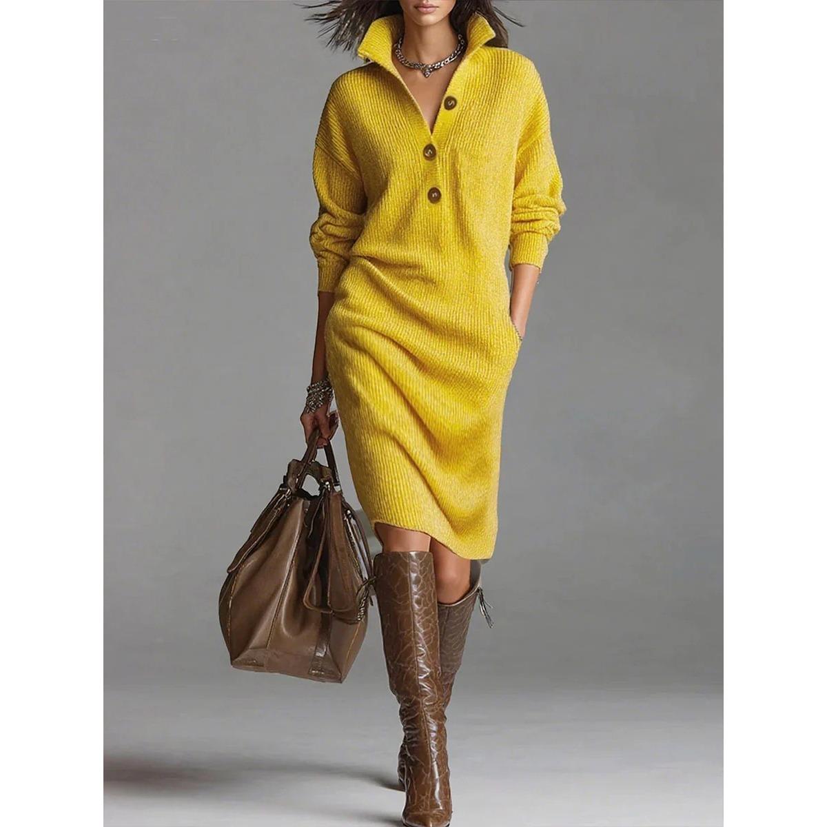Women s Lapel Collar Partial Button Pocket Ribbed Knit Long Sleeve Midi Sweater Dress S