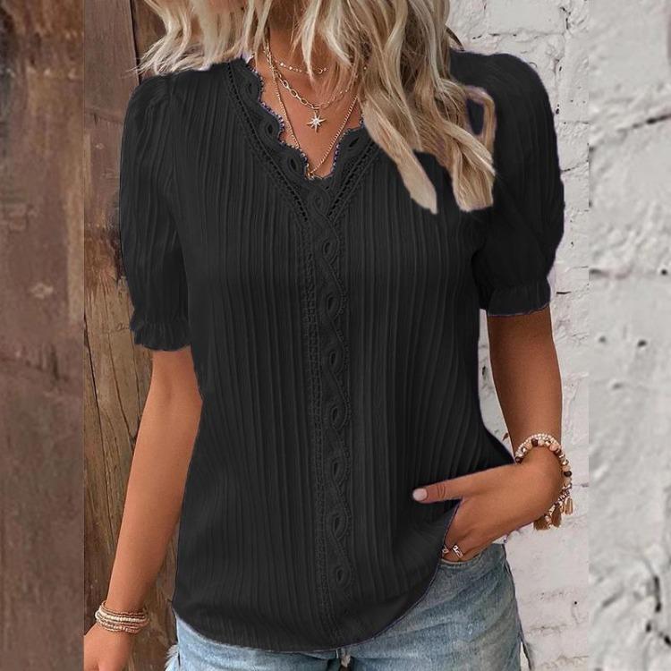 Damen Freizeit Kurzarm V-Ausschnitt Blusen Hemden Einfarbig Druck Mode Frühling Sommer