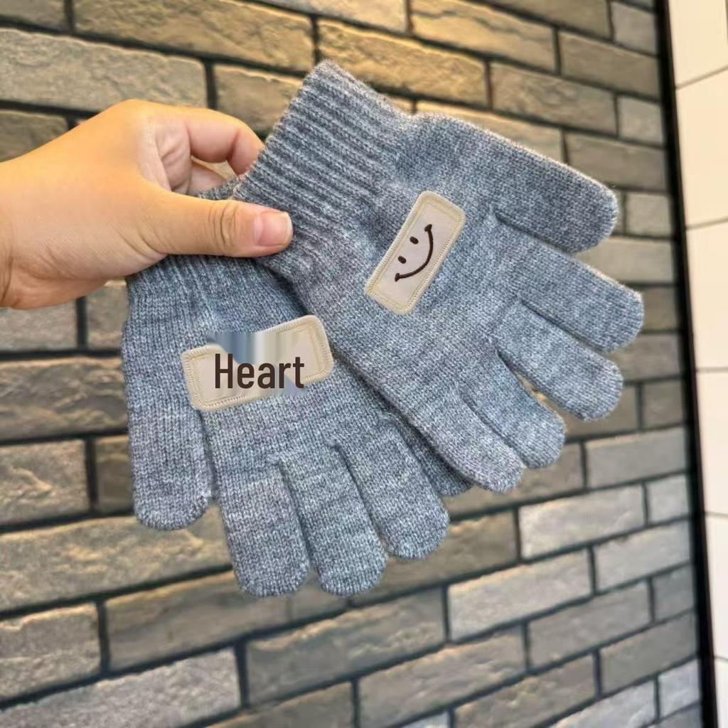 Korean Style Kids' Woolen Knit Five-Finger Gloves with Smiley Face for Autumn/Winter Warmth