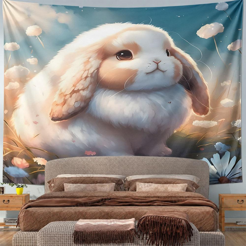 Fluffy Bunny In a Flower Meadow Pattern Wall Hanging Tapestry Decorative Tapestry Home Decor for Bedroom and Living Room