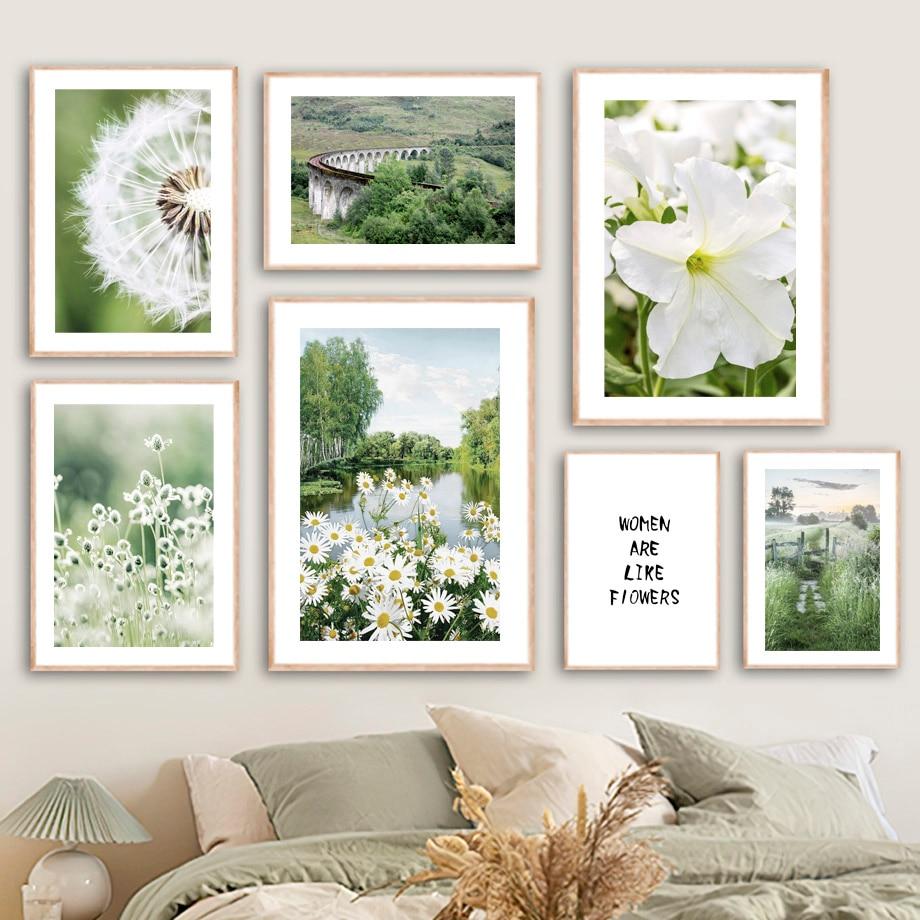 

ПейзажNordic Daisy River Tulip Цитата Стена Зеленый Природа Искусство Плакат Печатает Фотографии Для Гостиной Холст Картины Домашний Декор