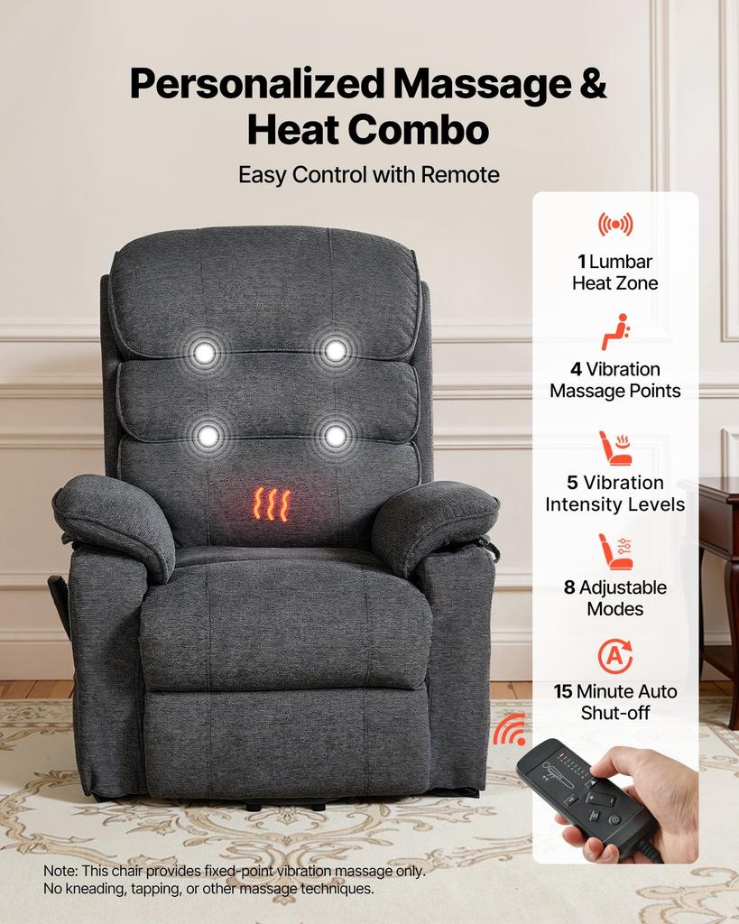 Power Lift Recliner Chair, Dual Motor, Medium Electric Lift Chair with Heat and Massage for Elderly, Infinite Position Adjustment, Chenille Fabric,