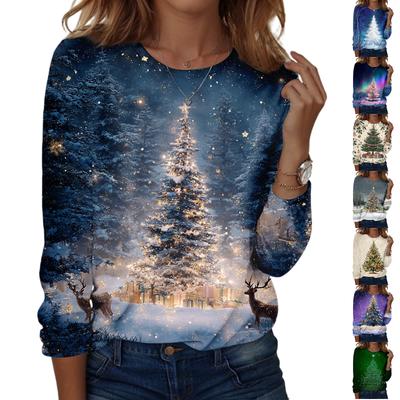 Women's Fashion Casual Long Sleeve Christmas Printed Round Neck Top