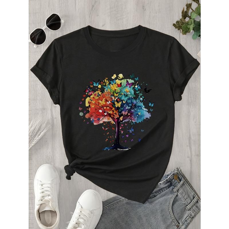 European Size European Size Women's  Short-Sleeve T-Shirt with Tree Print - Casual Round Neck Blouse, Spring Summer Casual Attire