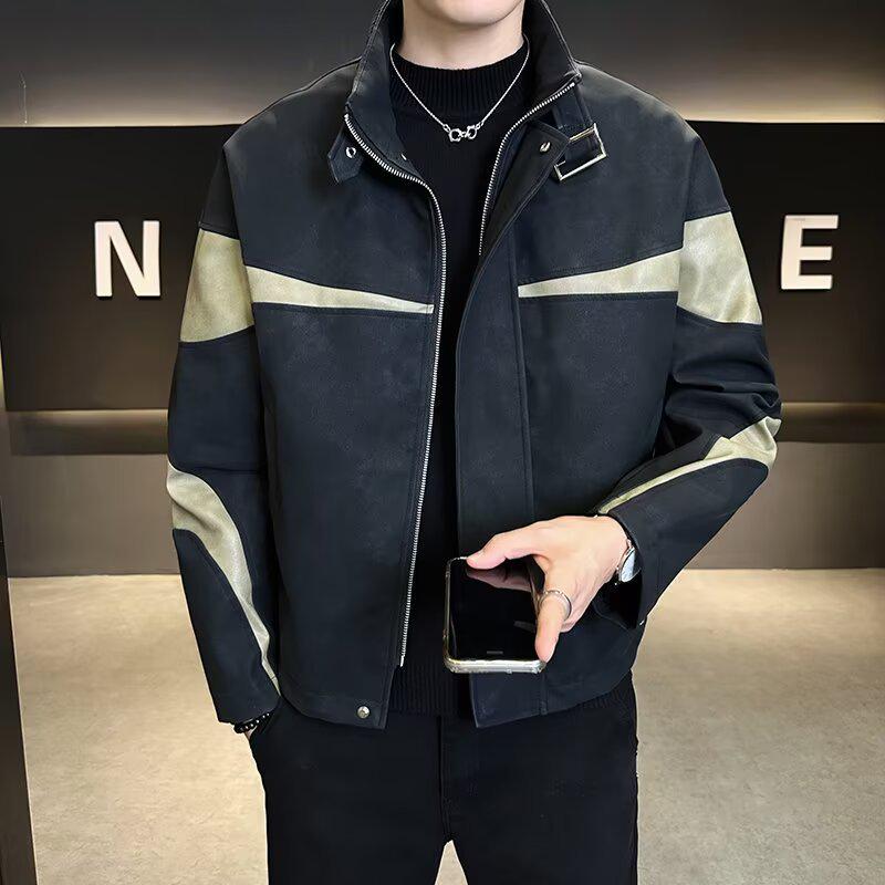 

Men s Trendy Patchwork Color Block PU Leather Jacket - Stand Collar, Loose Fit, Fashionable Casual Top for Spring and Autumn M чорний