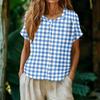 Camicia da Donna alla Moda con Collo Henley, Monopetto a Bottoni, Stampa a Quadri, Manica Corta, Blusa Casual Leggera