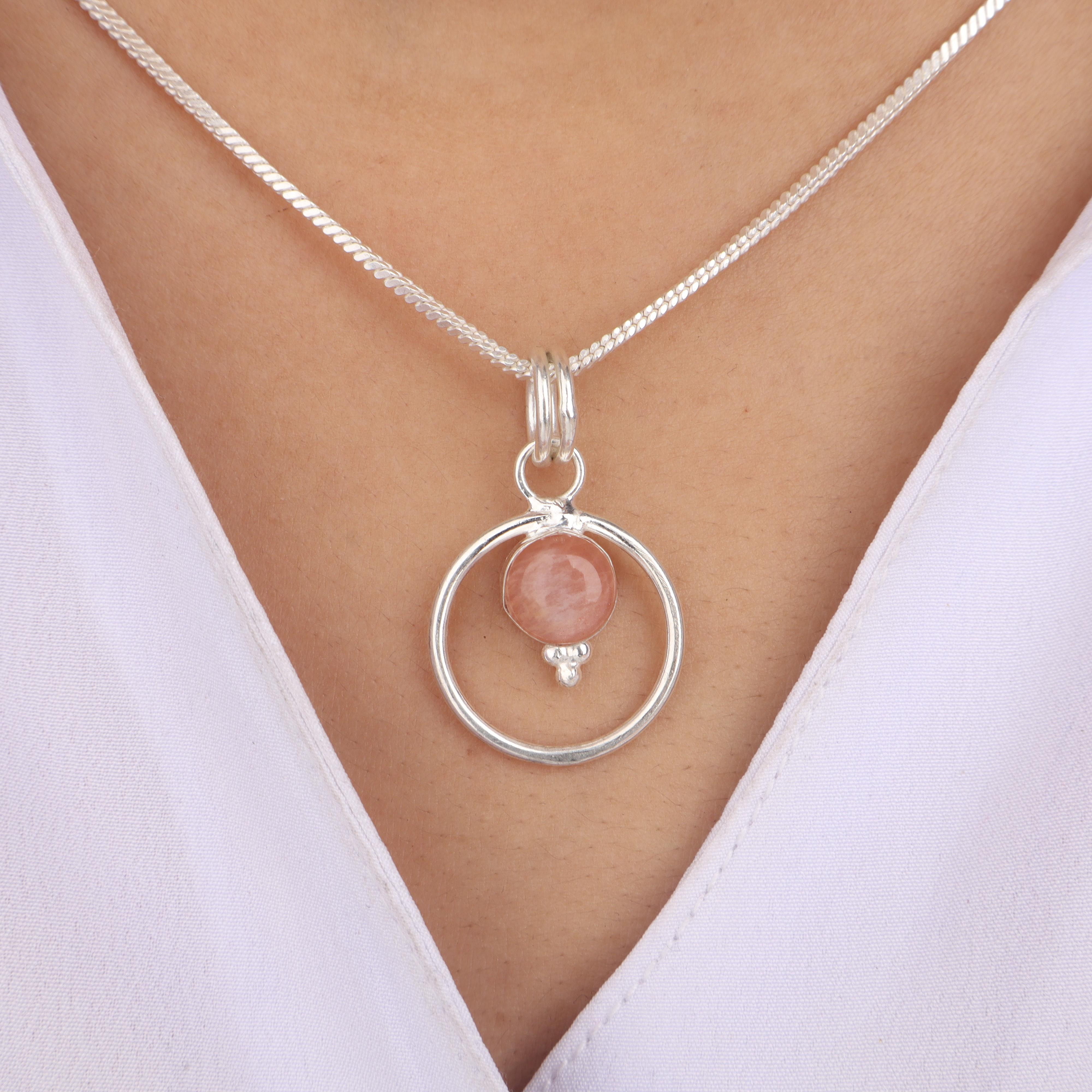 Natural Peach Moonstone Gemstone 925 Sterling Silver Handmade Jewelry Round Pendant 1.2  For Gift PP-68-26