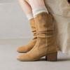 Cow Suede Nubuck Winter Round Toe Modern Boots Med Heels Slip On Pleated Decoration Women Mid-calf Boots