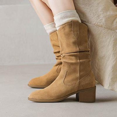 Cow Suede Nubuck Winter Round Toe Modern Boots Med Heels Slip On Pleated Decoration Women Mid-calf Boots