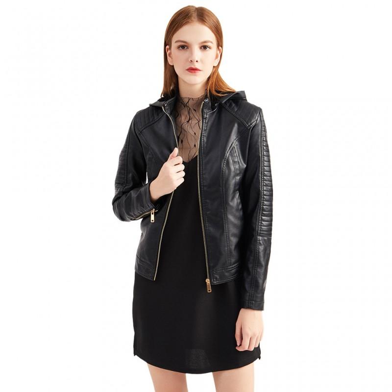 Womens Plus Size Faux Leather Hooded Jacket Warm Casual Short Coat Fall Winter