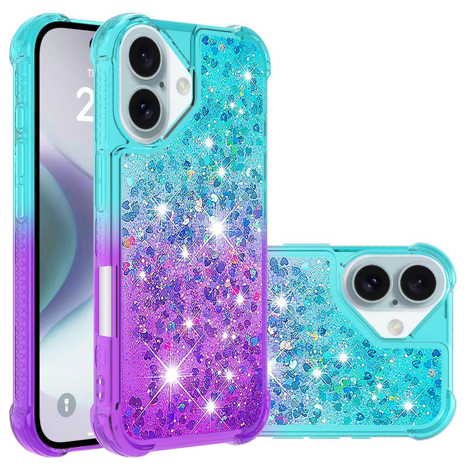 

For iPhone 16 TPU Case Gradient Quicksand Phone Back Cover Pink+Sky Blue