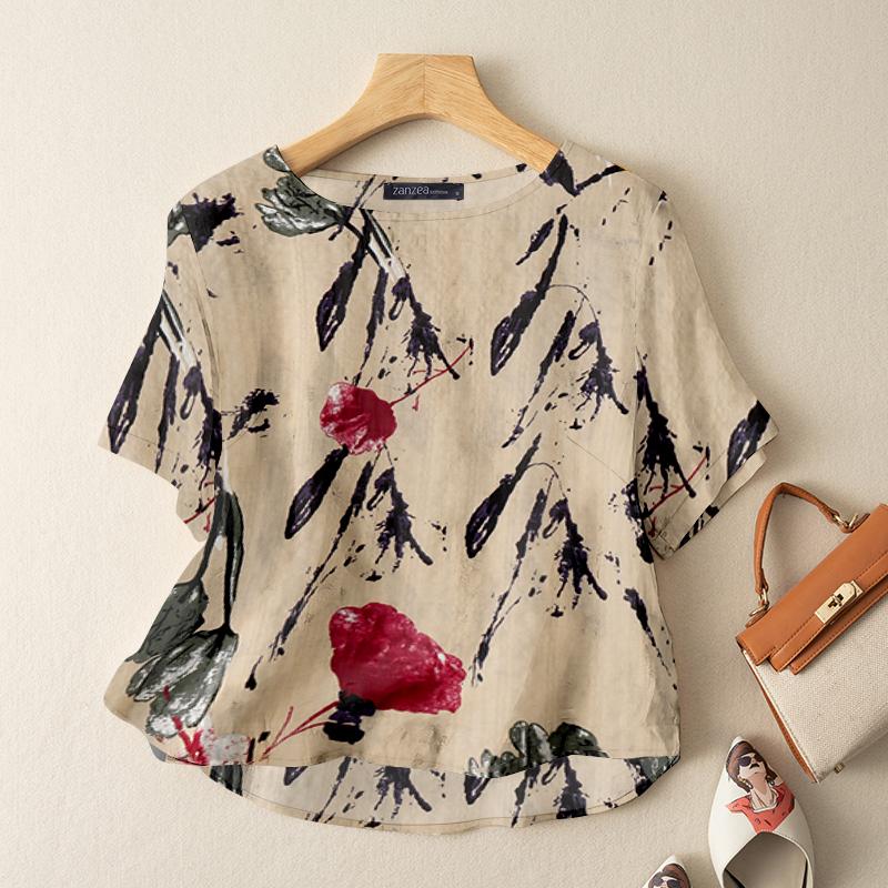 

ZANZEA Женская повседневная летняя блузка с круглым вырезом и коротким рукавом с принтом S