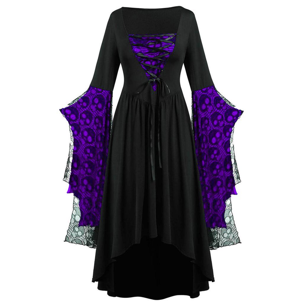 Kvinner Europeisk Retro middelaldersk domstolstil Halloween Cosplay-kostyme Voksen Skull Strap Dress Up Festantrekk
