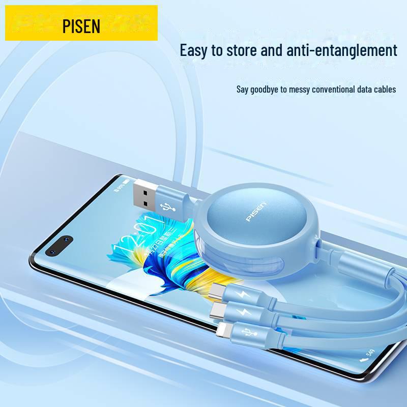 PISEN Retractable 3-in-1 Portable Data Cable for Apple & Huawei - Transparent, Easy Storage
