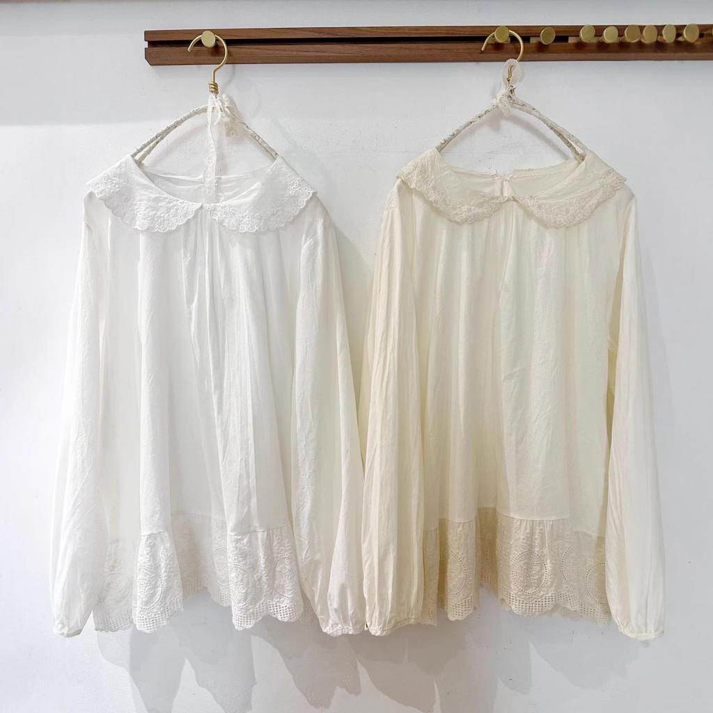 Japanese Embroidered Lace Doll Collar Cotton Shirt - Versatile Long-Sleeve Layer
