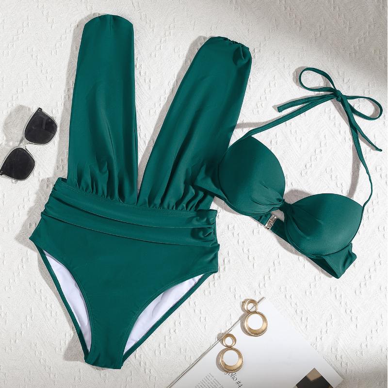 Women's Swimsuit Solid Color Deep V Hard Cup Backless Halter Neck Bikini Split Set Beachwear Bathing Suits