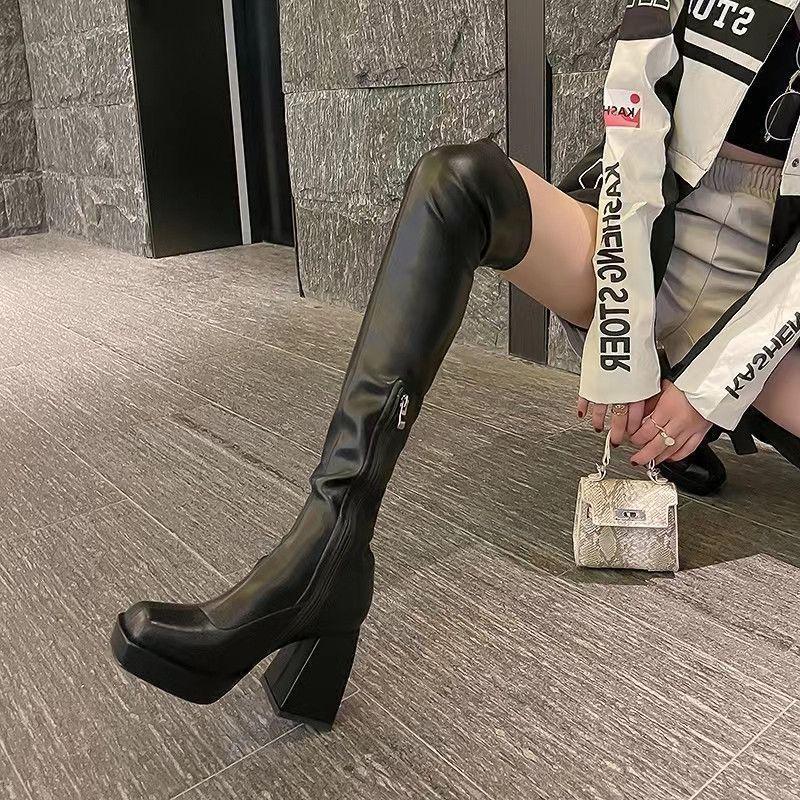 High-heeled boots Elastic boots Versatile and thin temperament Skinny over-the-knee boots Autumn and winter new square head thick sole