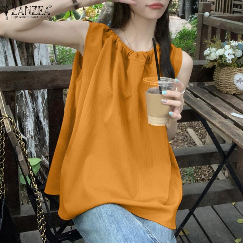 

ZANZEA Женская повседневная летняя блузка без рукавов с круглым вырезом и топами