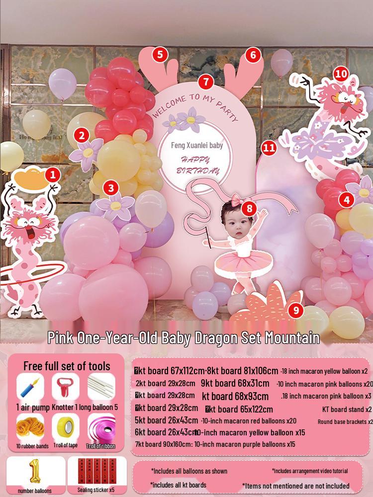 Dragon Baby Balloons & KT Board Backdrop for Girl's First Birthday Party
