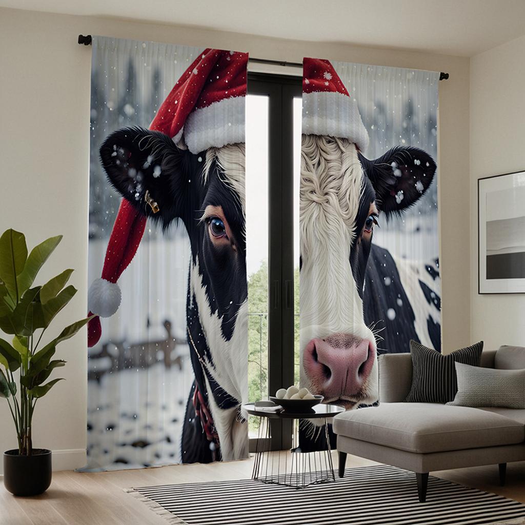 2pcs HD Cow decorative curtain with Santa hat White tie digital printed curtain Home Decoration style Decorate living room be