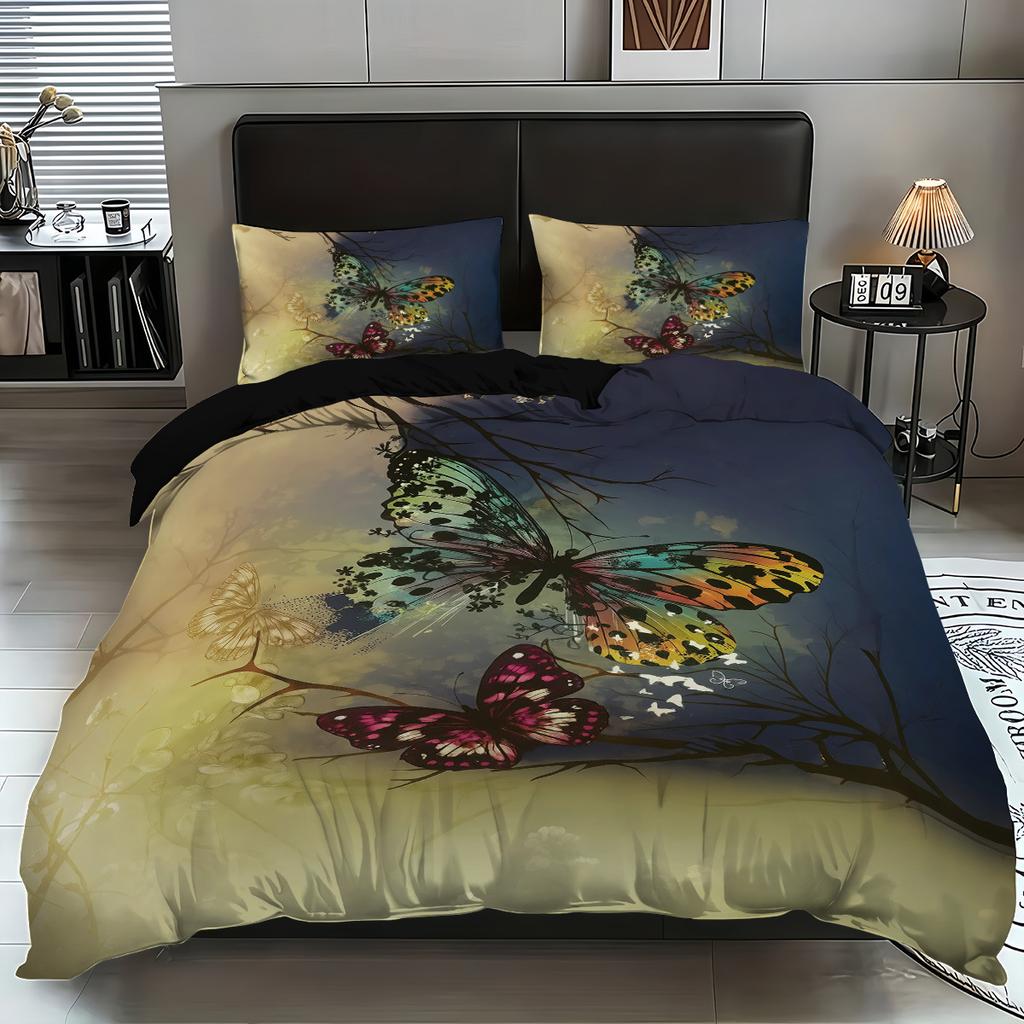 Fashionable Digital Print Butterfly Flower Duvet Cover Set -SoftComfortable Bedding with Classic Design-Ideal for