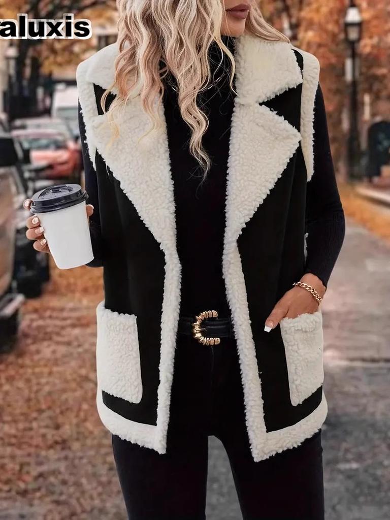 Faux Fur Vest for Women, Autumn Winter Loose Sleeveless Open Back Poncho Shearling Coat Trendy