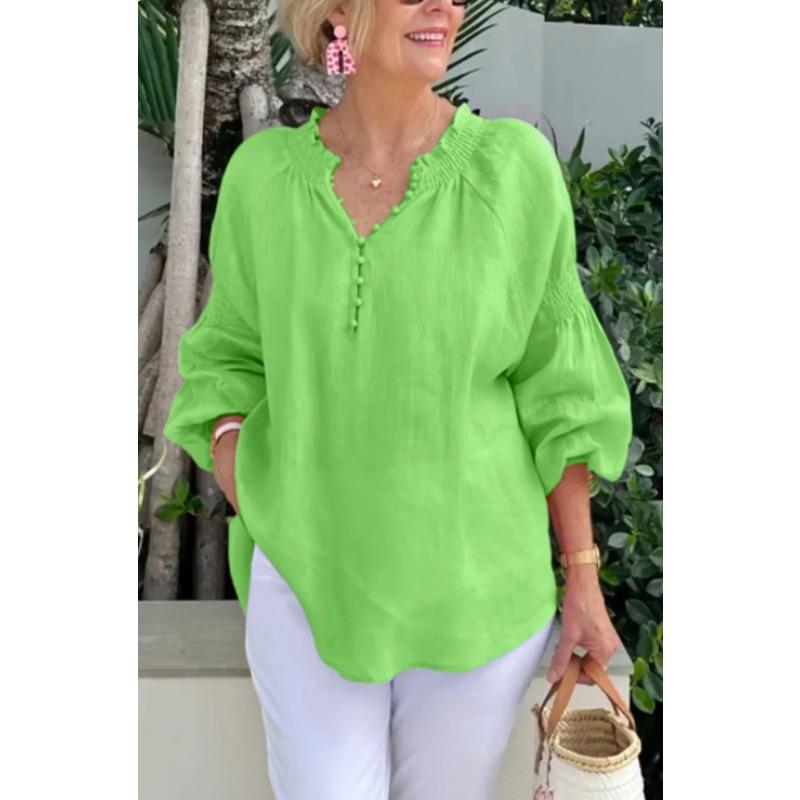 Womens Linen V Neck Pom Pom Detail Lantern Sleeve Blouse Casual Loose Top