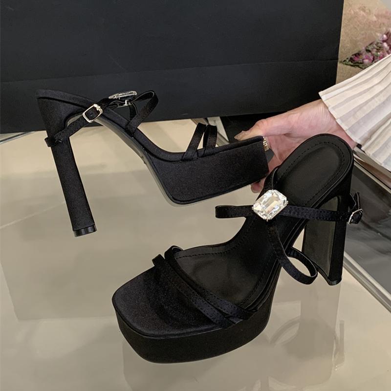 Fashion Liyke Summer Solid Black Silk Platform Sandals Women Sexy Thick Bottom Square Toe Diamond Designer High Heels Banquet Party Shoe