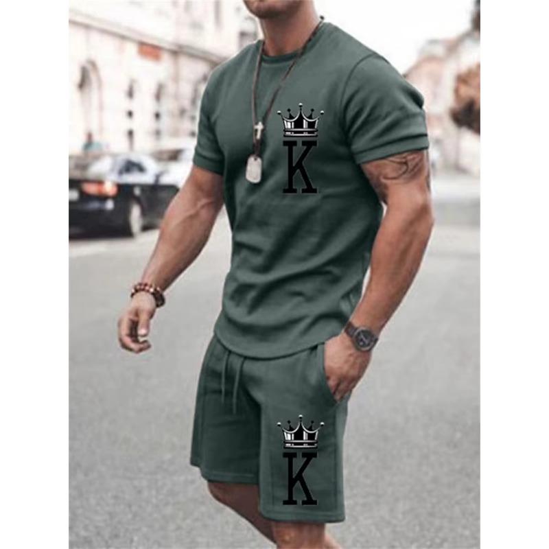Abito casual da uomo estivo, due pezzi oversize, semplice, casual, streetwear, stampa king, abito da spiaggia, maglietta da uomo, pantaloncini, abbigliamento sportivo