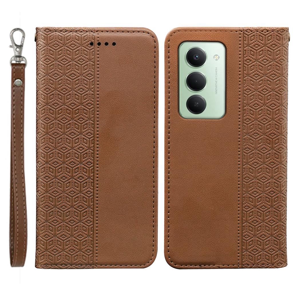 For Xiaomi Redmi 15 4G (EU) (171mm) Wallet Phone Case Checkered Pattern Imprint Leather Flip Cover with Wrist Strap