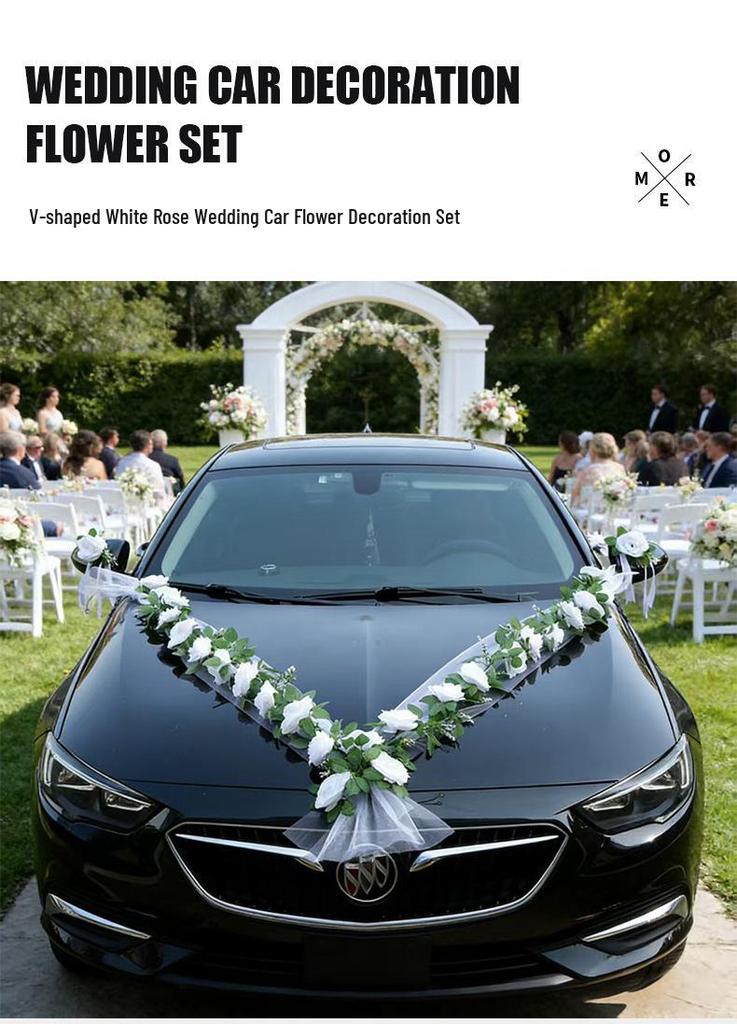 V-Shaped White Rose Wedding Car Decoration Set - Simulated Flowers for Car Hood & Veil Arrangement